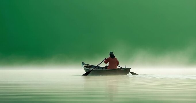Person rowing boat calm water green background