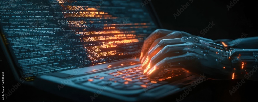 Poster futuristic robotic hand typing glowing code on laptop keyboard in dark environment symbolizing advan