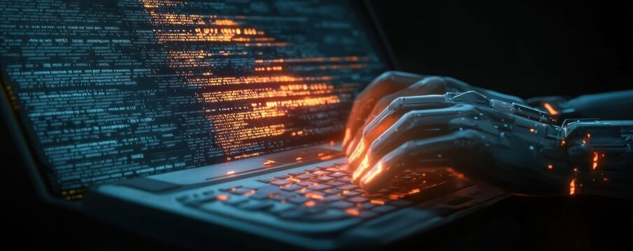 Futuristic robotic hand typing glowing code on laptop keyboard in dark environment symbolizing advanced technology and artificial intelligence