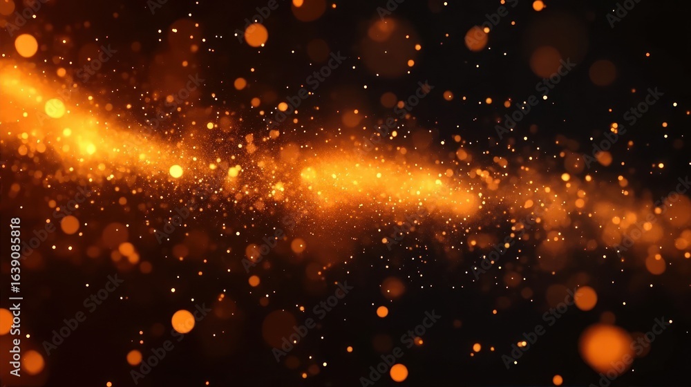 Poster glowing golden particles scattered against a dark background creating a magical and dynamic sparklin