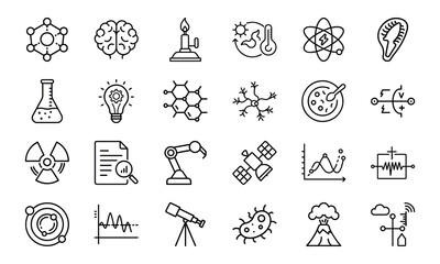 Science and Laboratory Line Icons Chemistry, Physics, Biology, Space, Robotics, Data, and Medical Vector Icon Set for Education, Research, and STEM Projects