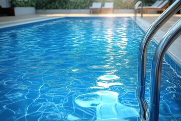 Obraz premium Clear blue swimming pool with metal ladder and sunlit rippling water near poolside lounge chairs and plants
