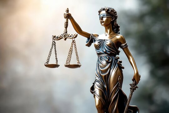 Golden statue of a blindfolded woman holding a balanced scale in one hand and a sword in the other, symbolizing justice and fairness