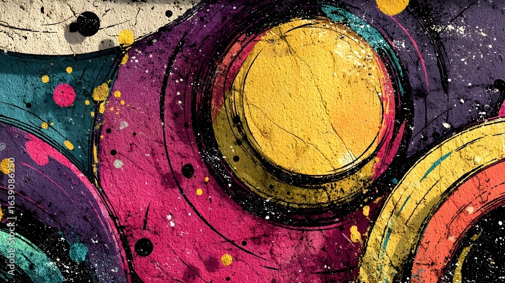 Poster striking abstract painting featuring a dynamic composition of geometric shapes vivid colors and play