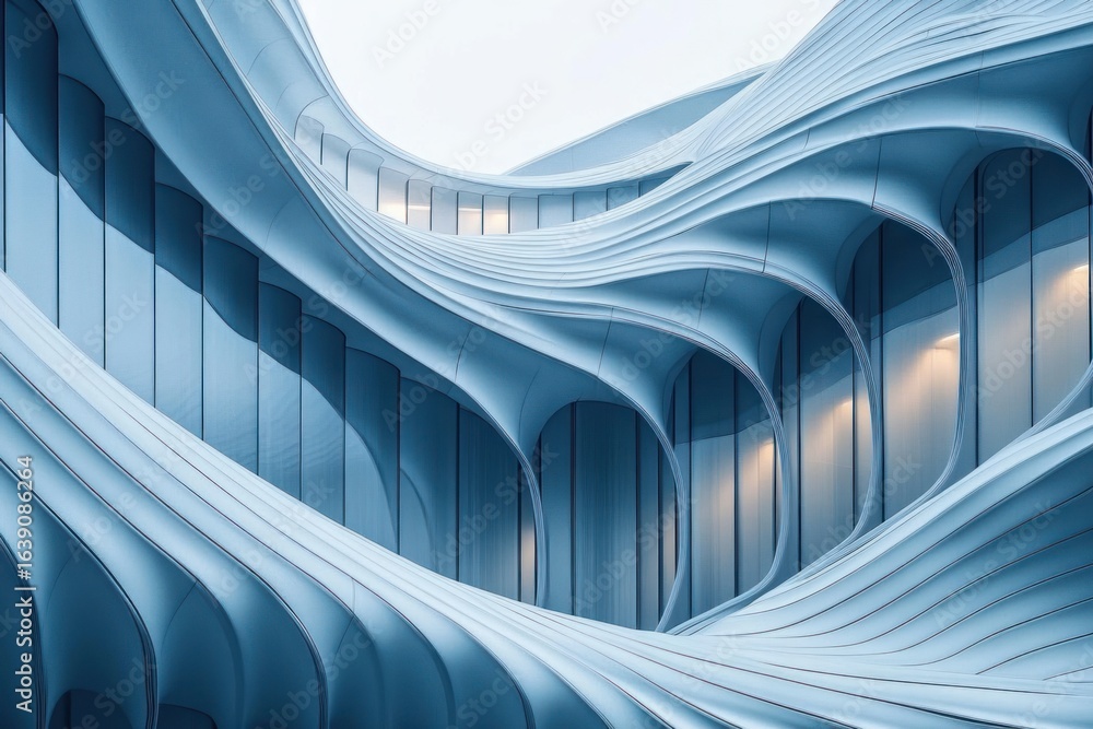 Aufkleber futuristic smooth blue building facade with flowing curved lines and large reflective glass windows 