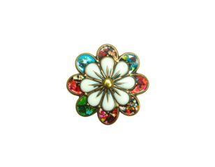 Twotiered floral brooch with white enamel daisy and colorful mosaic base.