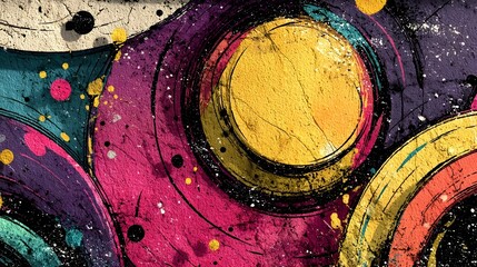 Striking abstract painting featuring a dynamic composition of geometric shapes vivid colors and playful splashes of paint creating a bold contemporary visual expression