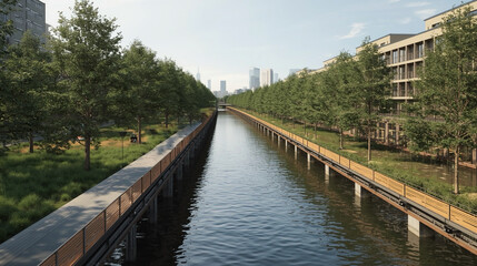 Serene Canal Scenery with Urban Buildings and Tranquil Waterway Landscape	