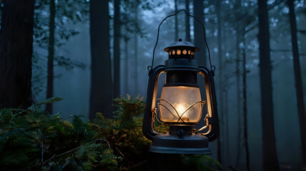 old street lantern, Old Lantern Hanging in a Misty Forest at Dusk