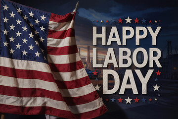 Happy Labor Day Message with American Flag and Industrial Background Under Cloudy Sky United States
