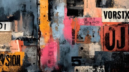 Textured and layered urban wall covered in a vibrant mix of graffiti peeling advertisements and overlapping signage creating a visually striking and gritty composition