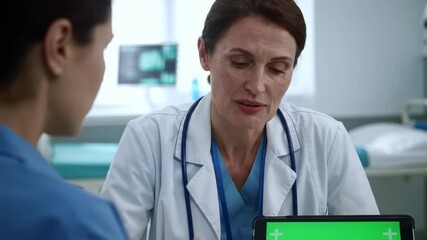 Experienced doctor consults with colleague using digital tablet displaying patient data in modern clinic setting - Powered by Adobe