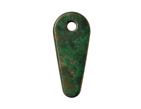 Elongated teardrop metal pendant with a hole and a rustic green verdigris patina.