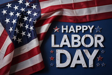 Happy Labor Day Message with American Flag and Red White Blue Stars on Dark Blue Background United States