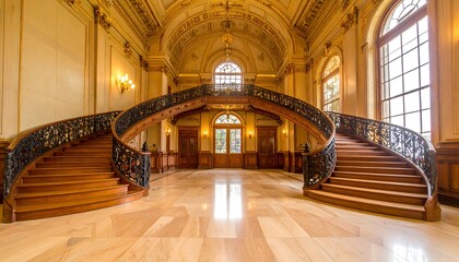 Grand Mansion Interior with Ornate Double Staircase and Gold Accents