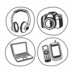 Collection of electronic devices and communication tools isolated on white background