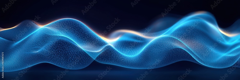 Poster abstract flowing blue wave with glowing edges and small particle details on dark background conveyin