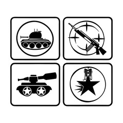 Military icons set with tank, rifle, star and badge isolated on white background for war concept