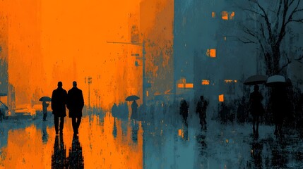 Two silhouetted pedestrians strolling along a wet dimly lit city street at night with reflections in the puddles and atmospheric lighting in the background