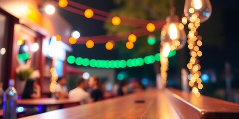 Night outdoor bar, bokeh background, shallow depth of field, blurry festive scene,  blurry lights, night