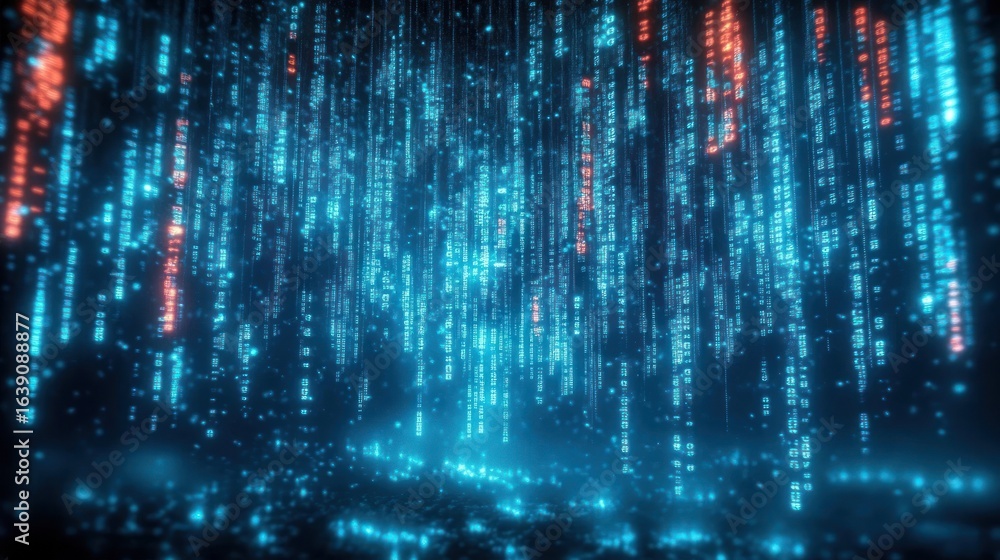 Aufkleber glowing vertical streams of blue and red digital code cascading in a dark, futuristic virtual enviro