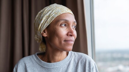 African American woman gazing thoughtfully out window, embracing serenity of quiet morning, reflective moments, Kwanzaa introspection, urban retreat