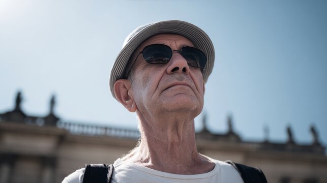 A contemplative elderly Caucasian man in fedora gazes skyward, evoking memories of Nowruz under unblemished azure skies