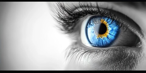 Close-up of a human eye with vibrant blue and yellow iris details emphasizing texture and depth, surrounded by delicate eyelashes and skin pores