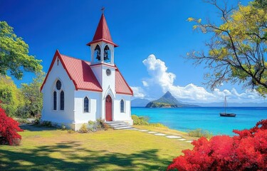 Small white chapel with red roof and steeple overlooking a bright blue sea with a distant island and sailboat under a vibrant sky, surrounded by colorful flowers and greenery