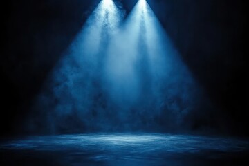 dark stage illuminated by two blue spotlights with smoky atmosphere creating a mysterious and dramatic mood