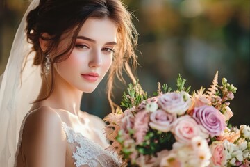 young woman in wedding dress holding a large bouquet of pink and white flowers with soft natural lighting and serene expression
