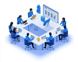 Isometric illustration of a team of eight office workers sitting around a square table using laptops and computers in a meeting room with a presentation screen showing charts