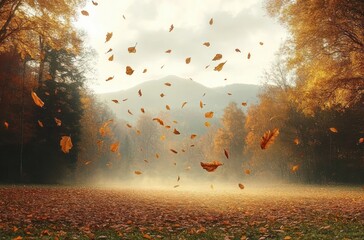 Golden autumn leaves gently falling and swirling over a misty field surrounded by trees under a cloudy sky with distant mountains