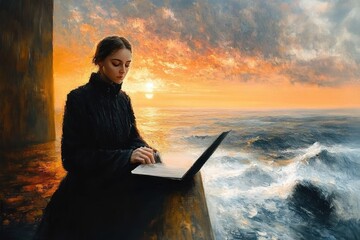 A young woman in dark clothing using a laptop on a balcony overlooking a turbulent ocean at sunset, expressing calm focus and introspection
