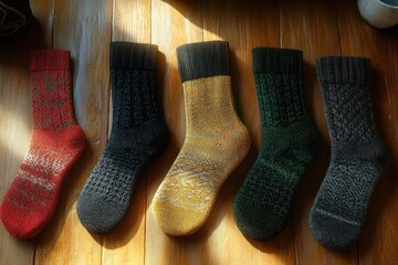 Five pairs of knitted wool socks in different colors neatly arranged on a wooden floor with sunlight casting warm shadows