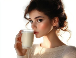 young woman with styled hair holding and drinking a glass of milk looking thoughtfully to the side in soft natural light