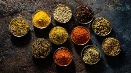 Assorted herbs and spices in artistic arrangement, celebrating natural flavors and culinary diversity