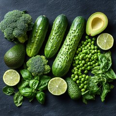 Fresh green vegetables and fruits including cucumbers, broccoli, avocado halves, green peas, lime halves, and basil leaves arranged on dark surface