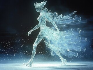 Translucent ice sculpture of a walking female figure with a crystalline crown and flowing shards trailing behind against a dark background