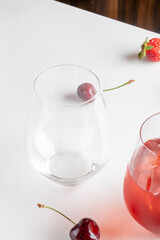 Ethereal cherry whispers grace empty glass, vivid summer solstice cocktails, Hanami picnics, crimson dreams of untold refreshment