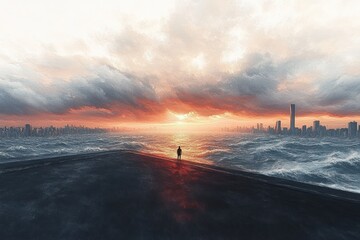 A lone figure standing on a dark paved surface overlooking a turbulent ocean with crashing waves and city skylines on both sides under a dramatic fiery sunset and cloudy sky