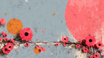 Vibrant pink and orange flowers blossoming on branches set against a soft textured gray blue background with abstract shapes and patterns