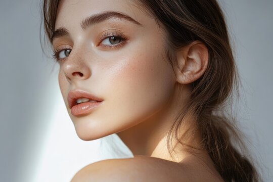 Close-up portrait of a young woman with clear skin, light brown hair tied back, soft natural makeup, and a calm, confident expression against a neutral background