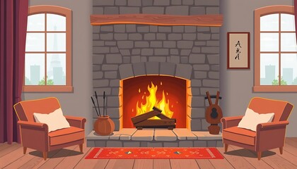 Flat vector art of a cozy fireplace