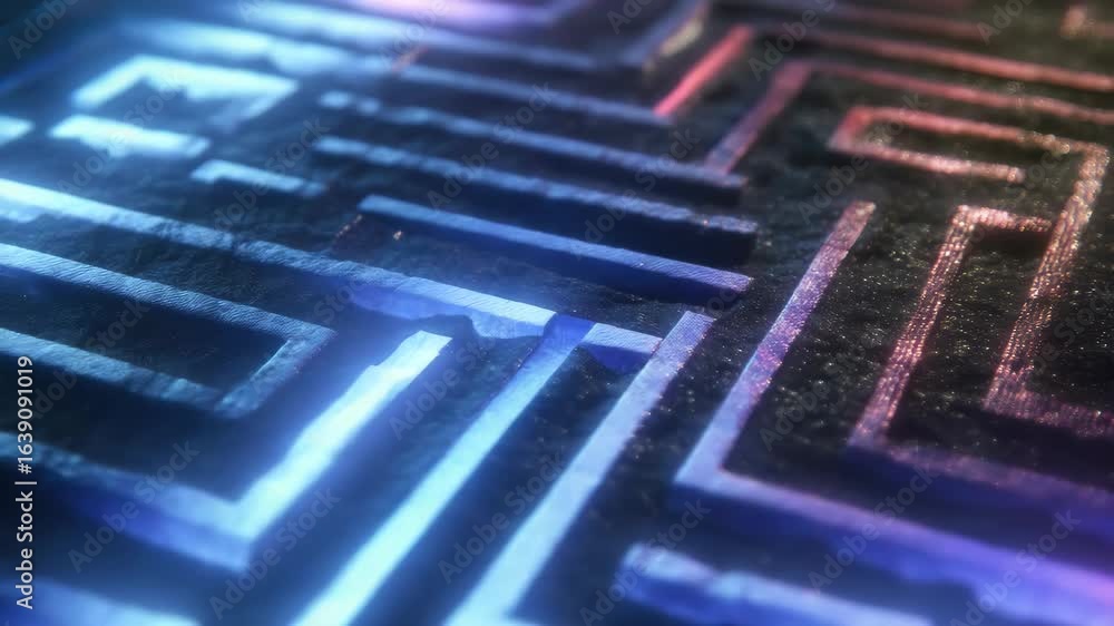 Poster vibrant maze design showcases illuminated pathways with intricate patterns and textures, featuring g
