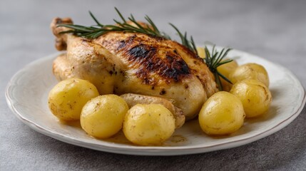 Roast chicken with golden potatoes whispers Yule feast, rustic warmth, flavorsome comfort, Nordic Hygge vibes, culinary serenity