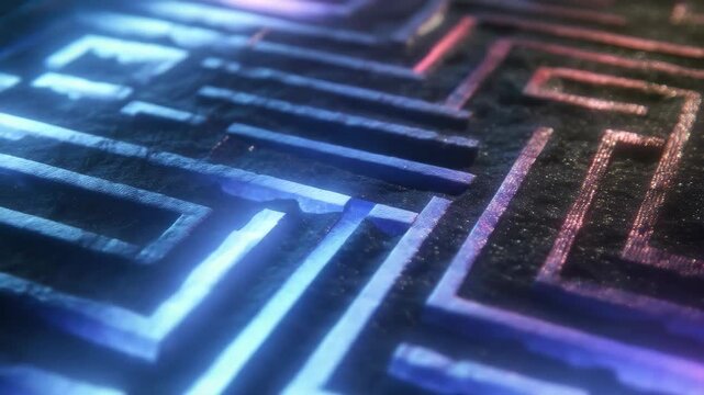 Vibrant maze design showcases illuminated pathways with intricate patterns and textures, featuring glowing blue and purple lines for captivating