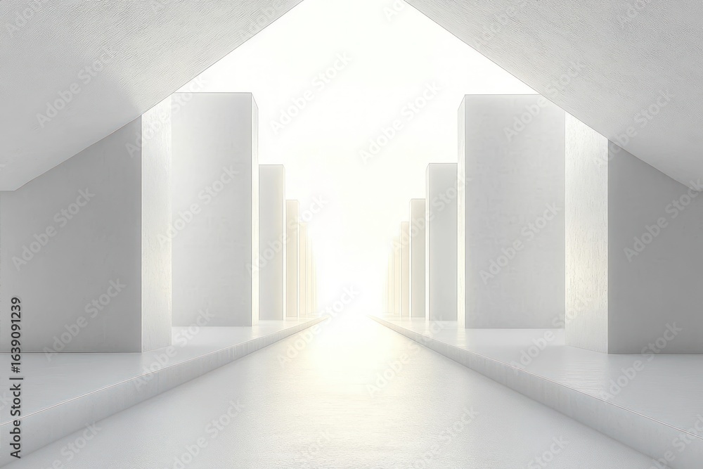 Poster minimalist white architectural corridor with tall rectangular pillars and a glowing bright light at 