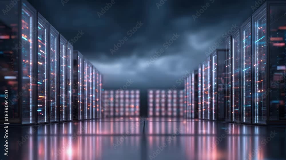 Poster futuristic digital infrastructure exploring modern data center technology with illuminated server ra