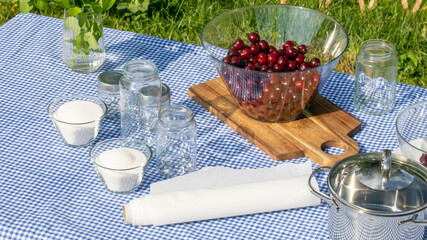 Bowl of gleaming cherries atop checkerboard cloth, evoking rustic midsummer gatherings and National...